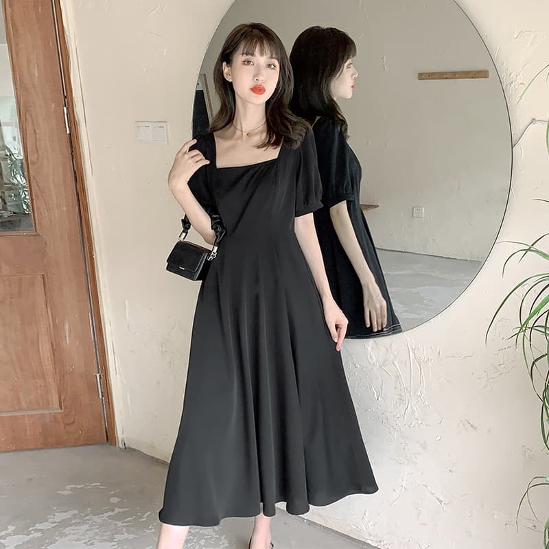 ロングワンピース スクエアネック半袖ロングワンピース