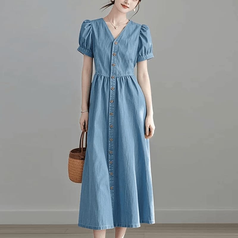 ロングワンピース デニム パフスリーブフロントボタンロングワンピース