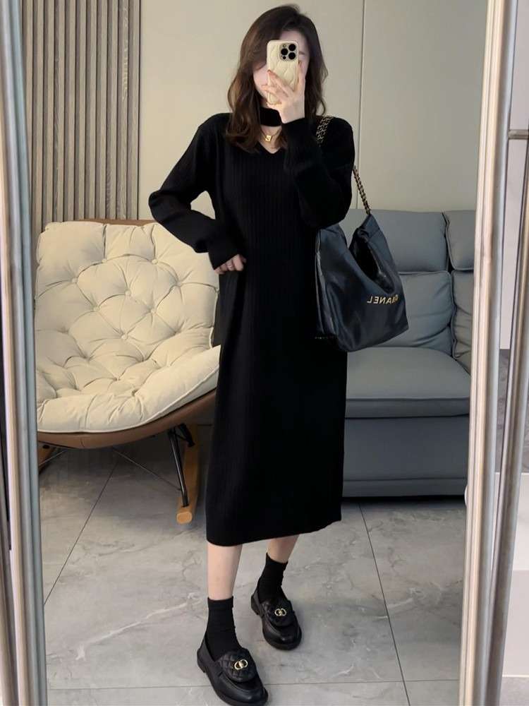 ロングワンピース シンプル美シルエットリブニットワンピース