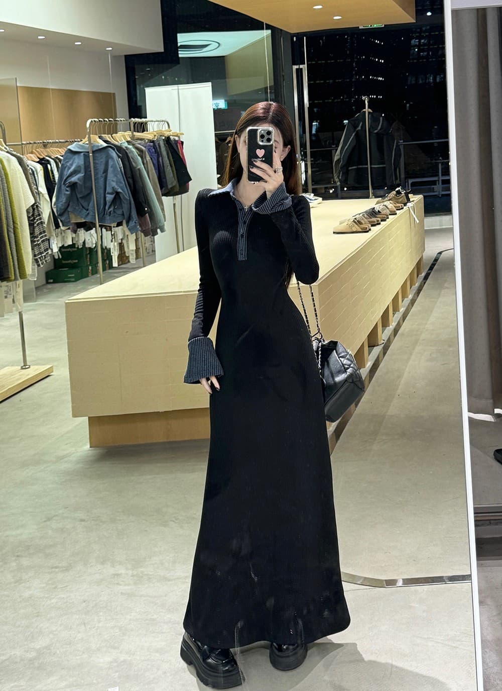 ロングワンピース 上品シルエット リブニット マキシ丈ワンピース