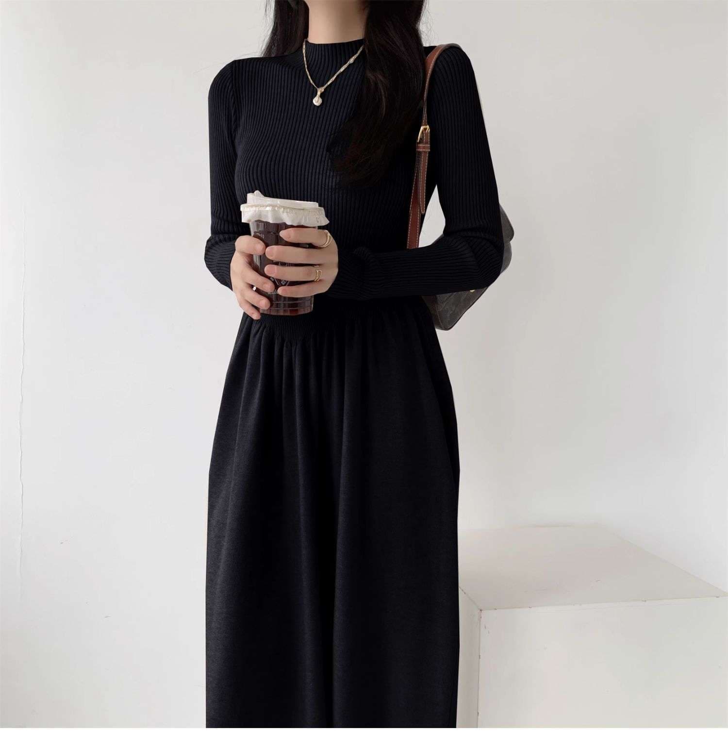 ロングワンピース シンプル上品リブニットロングワンピース