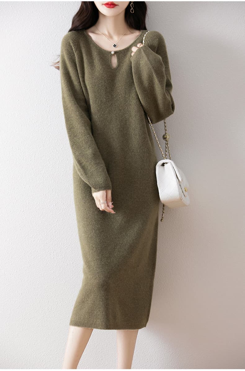 ロングワンピース シンプルリブ編み縦長ワンピース