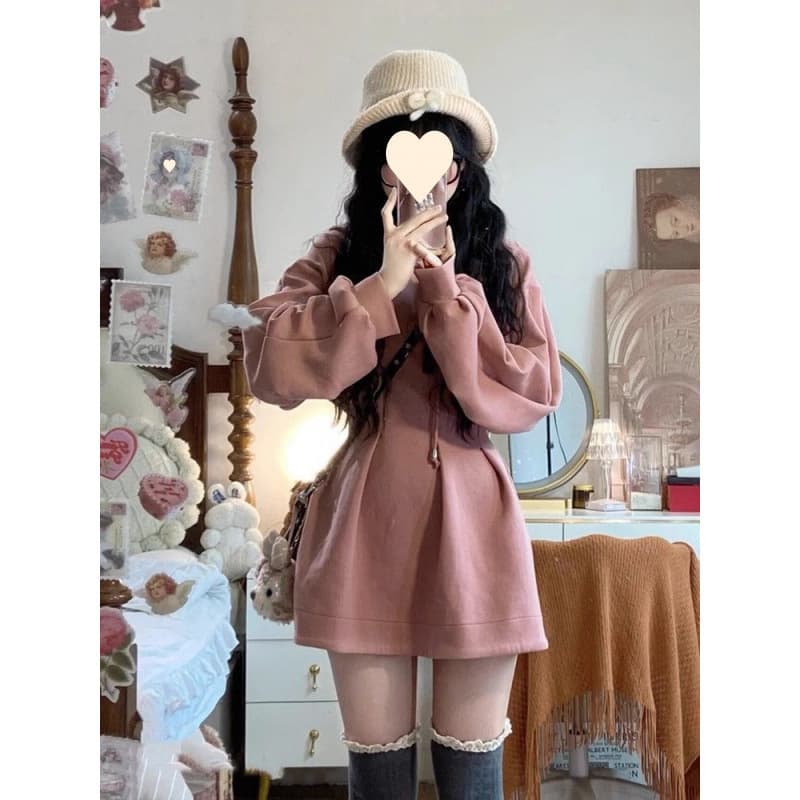 ロングワンピース ふんわり袖のゆったりスウェットミニワンピース