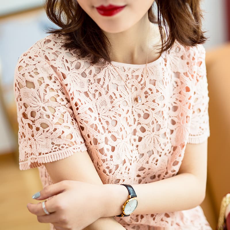 ロングワンピース レース 花柄透かし編みレース丸首ワンピース