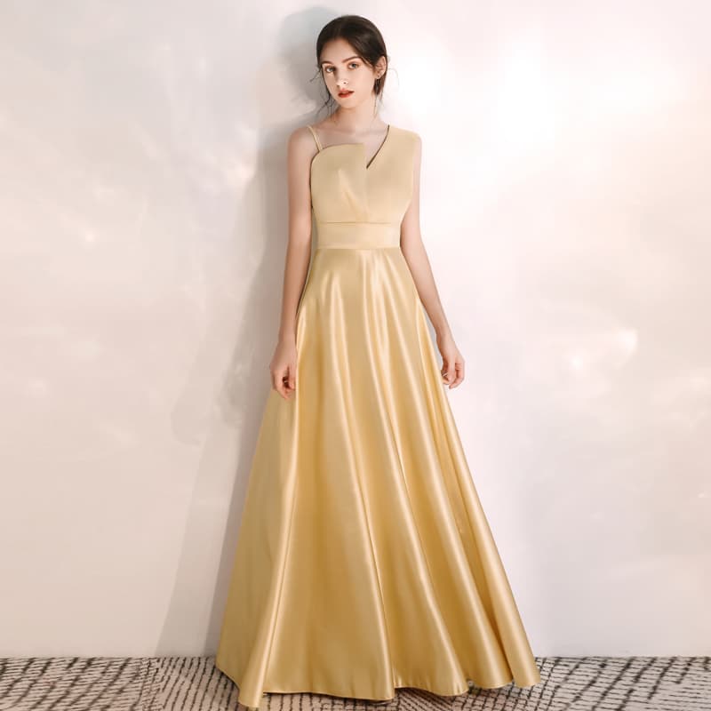 ロングワンピース アシンメトリーネック光沢サテン調ロングキャミソール
