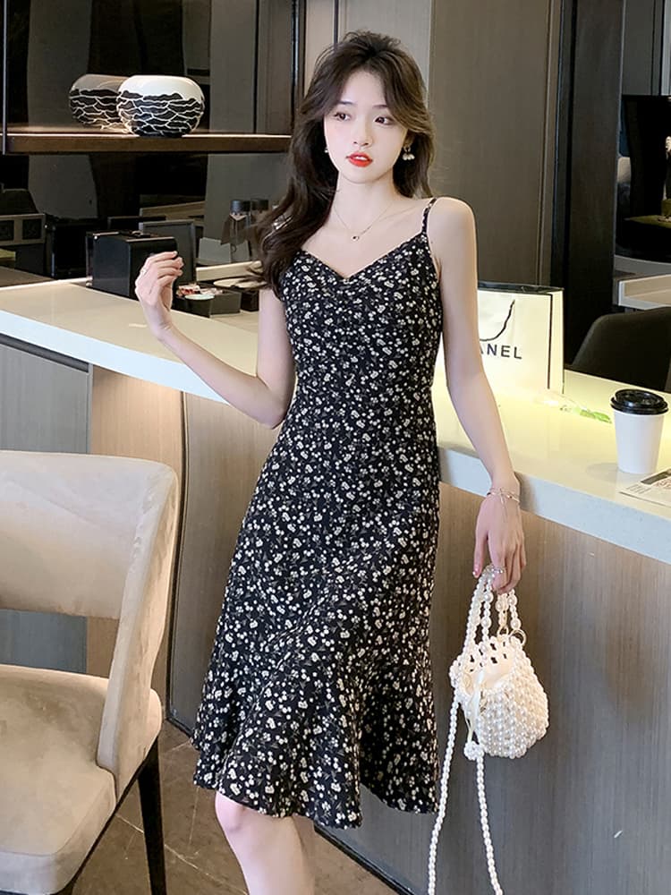 小花柄プリーツ切替キャミソールロングワンピース