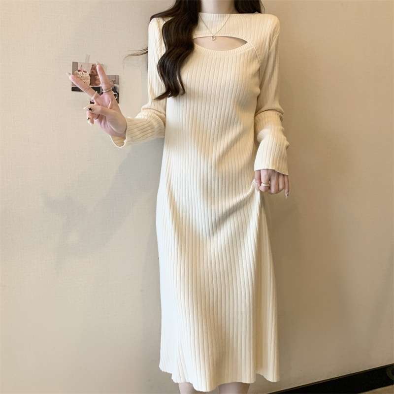 ロングワンピース 胸元カットデザイン リブニットワンピース