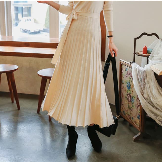 ロングワンピース タートルネック カシュクール ニットワンピース プリーツ 長袖 秋冬