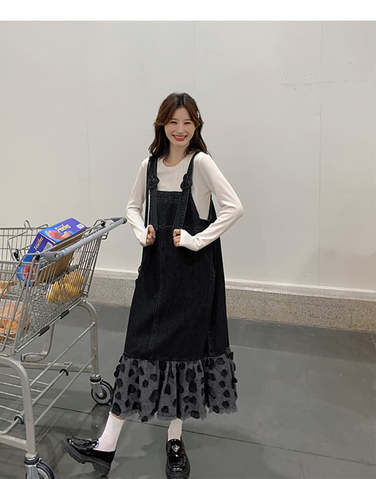 ロングワンピース ハートフリルデニムサロペットワンピース