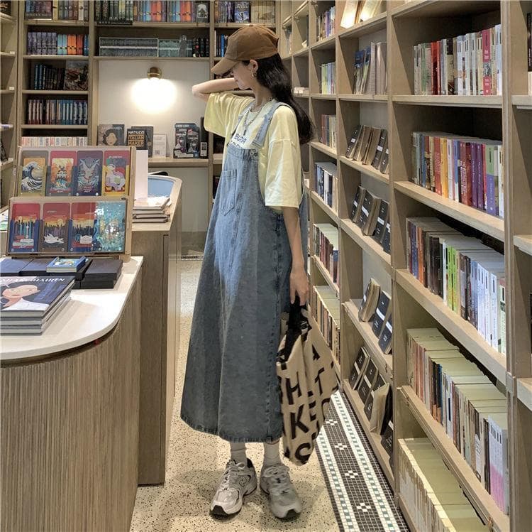 ロングワンピース オーバーオール風デニムマキシワンピース