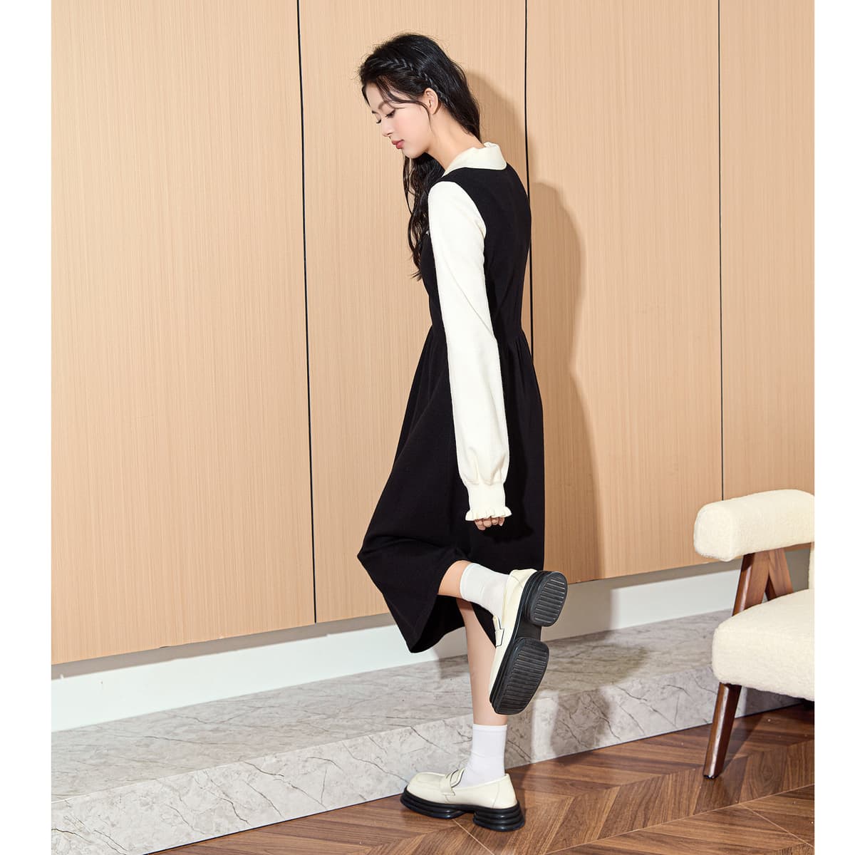 ロングワンピース ニット コントラスト袖 シンプルマキシワンピース