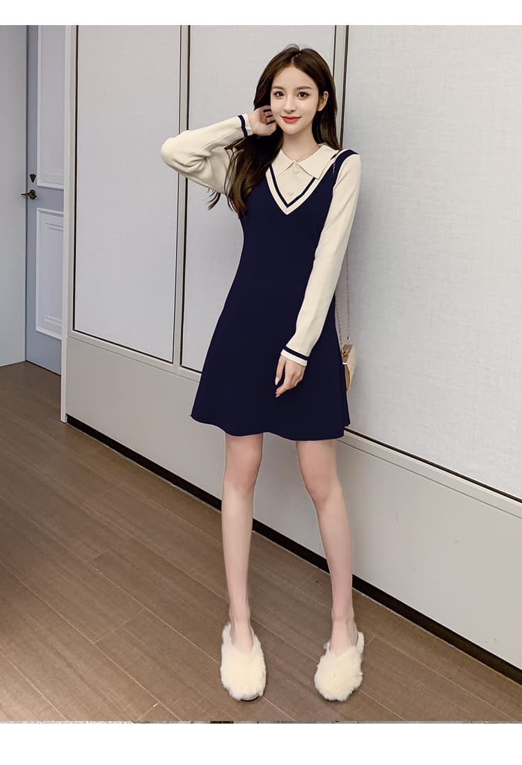 ロングワンピース 清楚系セーラー襟ニットワンピース