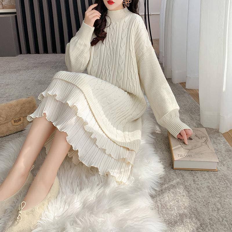 ロングワンピース ニットプリーツ重ねドレープワンピース