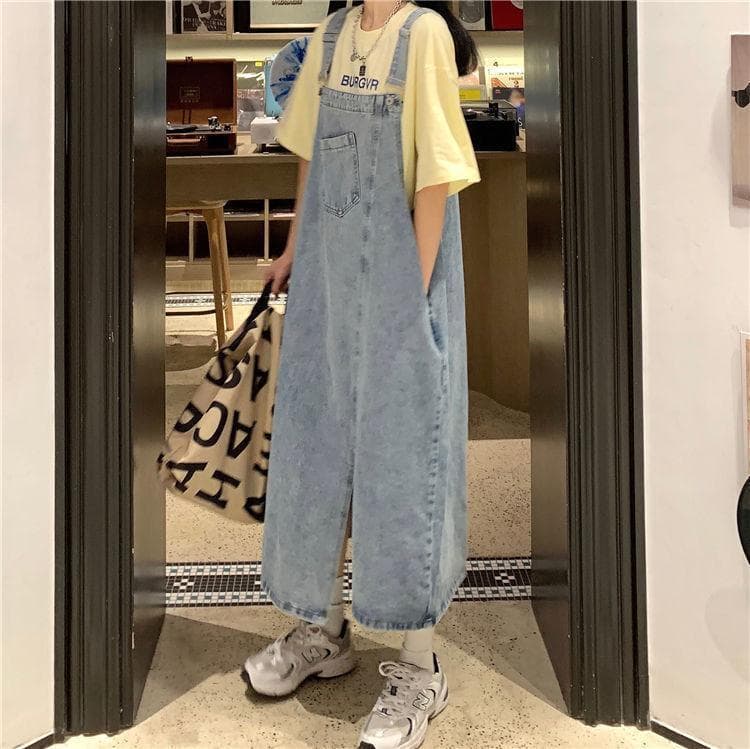 ロングワンピース オーバーオール風デニムマキシワンピース