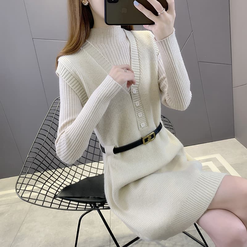 ロングワンピース ニット リブ編みハイネックニットワンピース