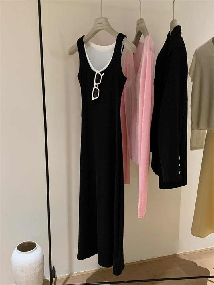 ロングワンピース ノースリーブニット袖なしワンピース 体型カバーロング丈大人カジュアル