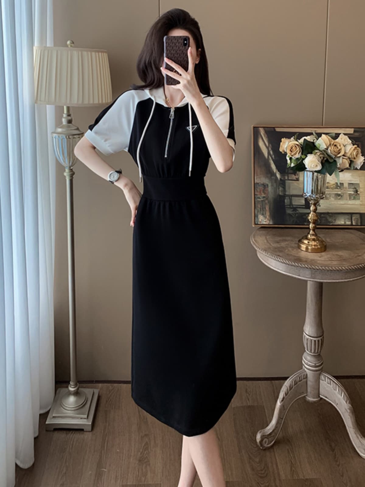 ロングワンピース スウェット バイカラー切替ジップロングワンピース