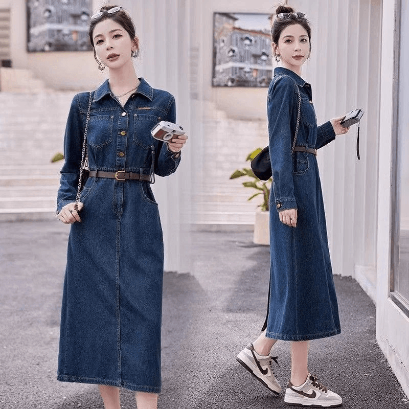 ロングワンピース デニム クラシカルレトロデニムワンピース