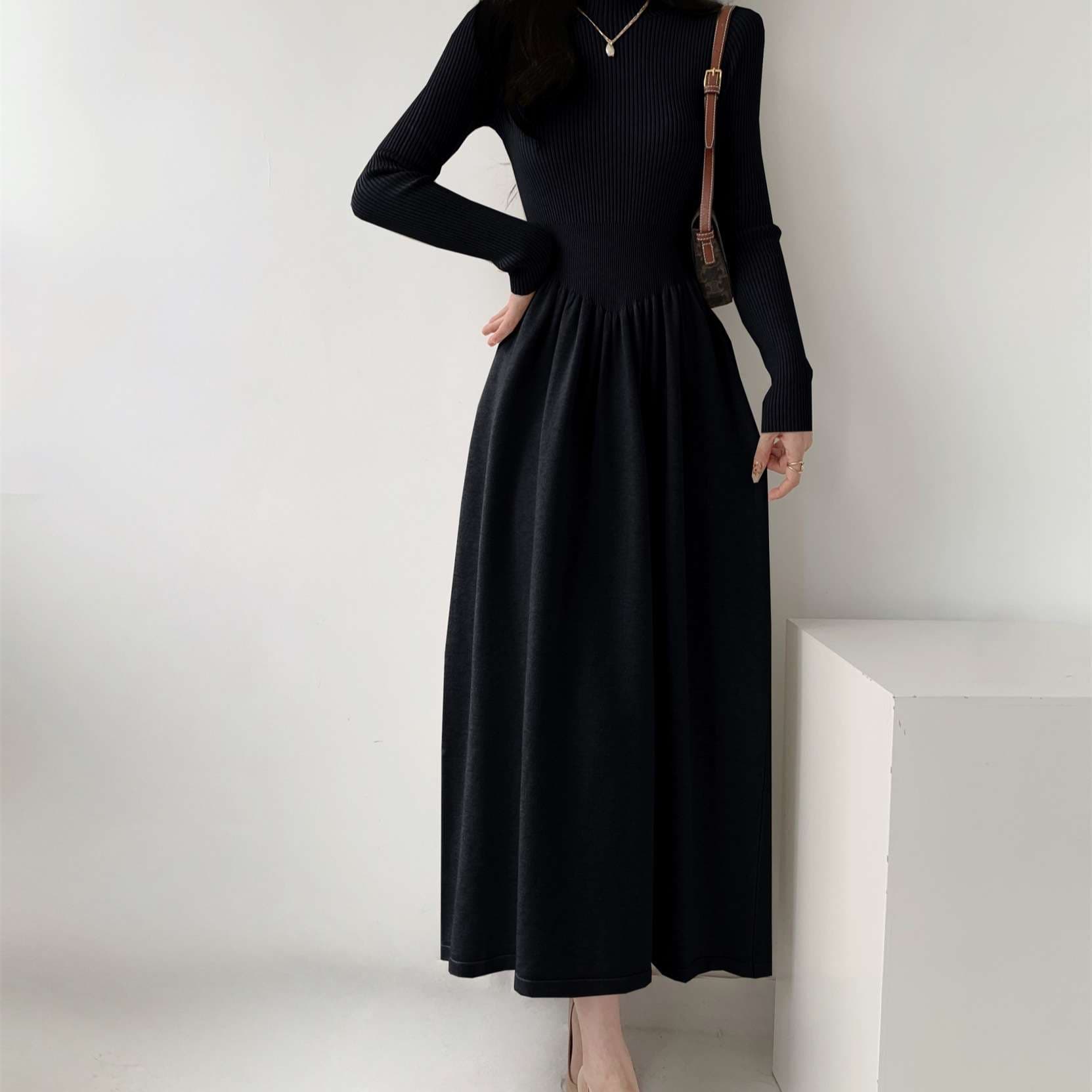 ロングワンピース シンプル上品リブニットロングワンピース