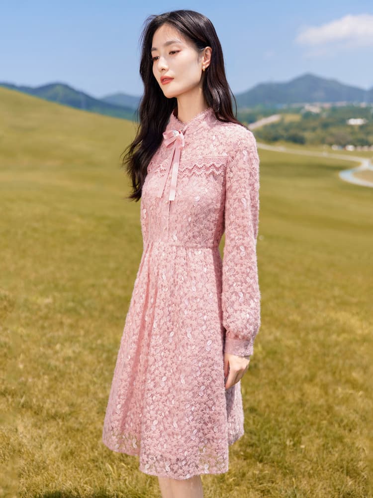 ワンピース レース 優美レース編み リボン襟 ワンピース