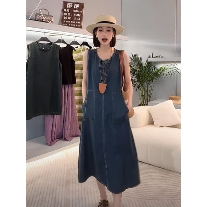 ロングワンピース デニム ゆったりシルエットサロペットワンピース
