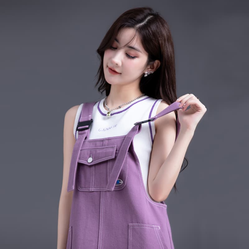ロングワンピース デニム ゆったりシルエットサロペットワンピース