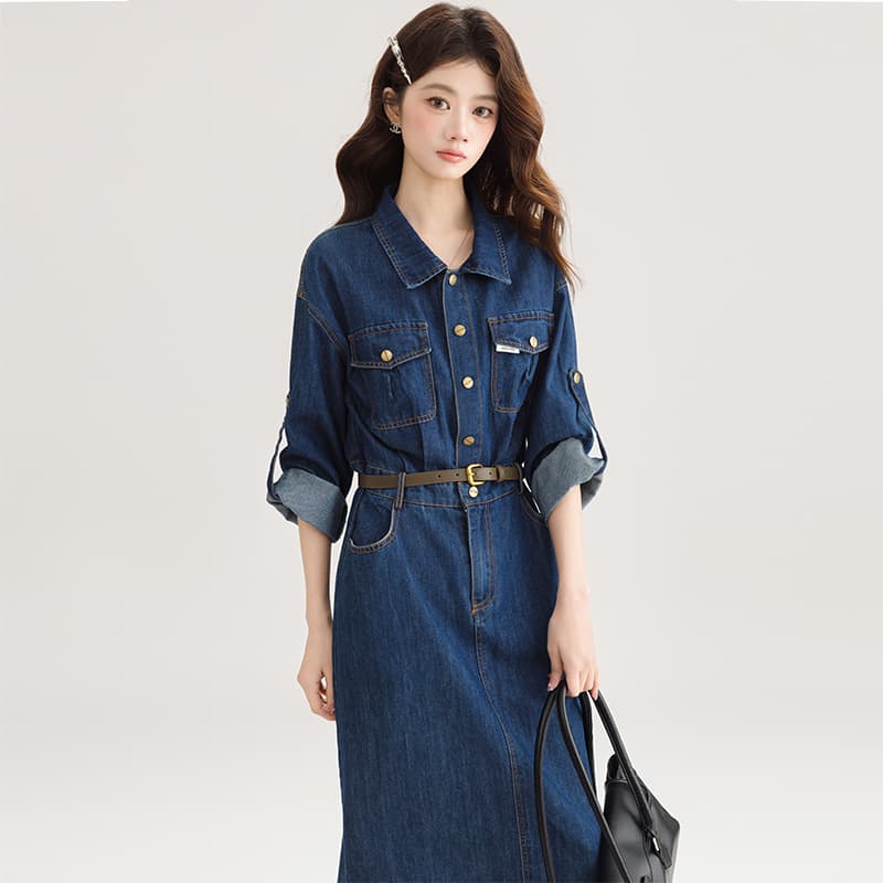 ロングワンピース デニム クラシカルロールアップデニムワンピース