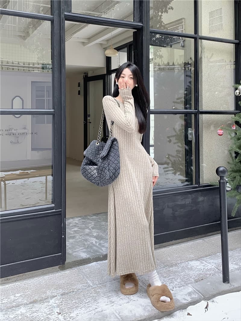 ロングワンピース リブ編みロマンチックワンピース