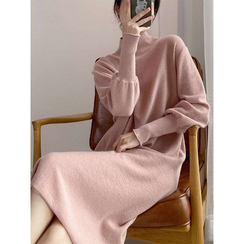 ロングワンピース シンプル モックネック ニットワンピース