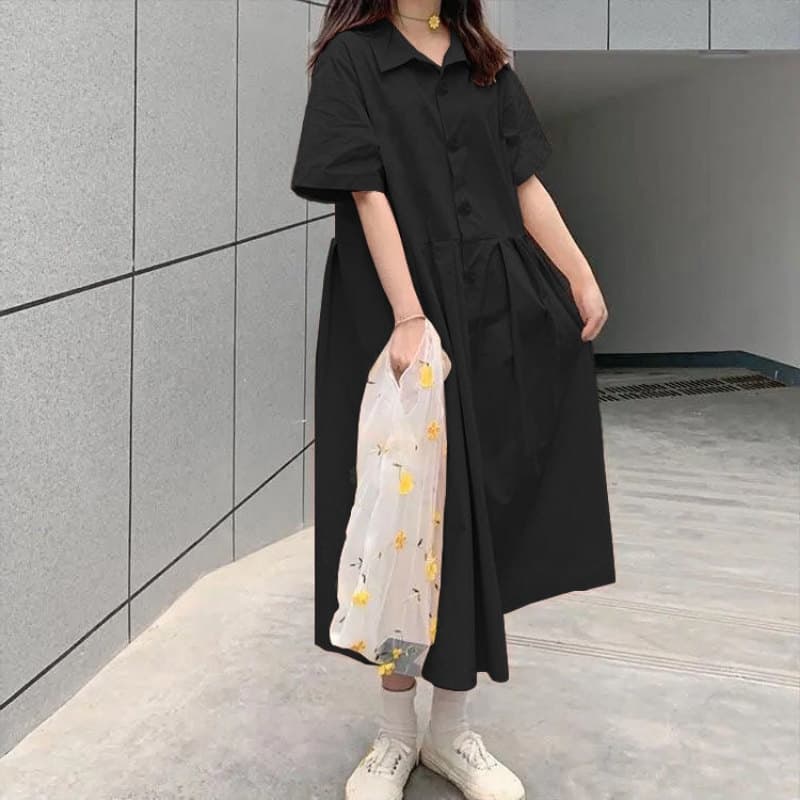 ロングワンピース シャツ 襟付き半袖ティアードロングワンピース