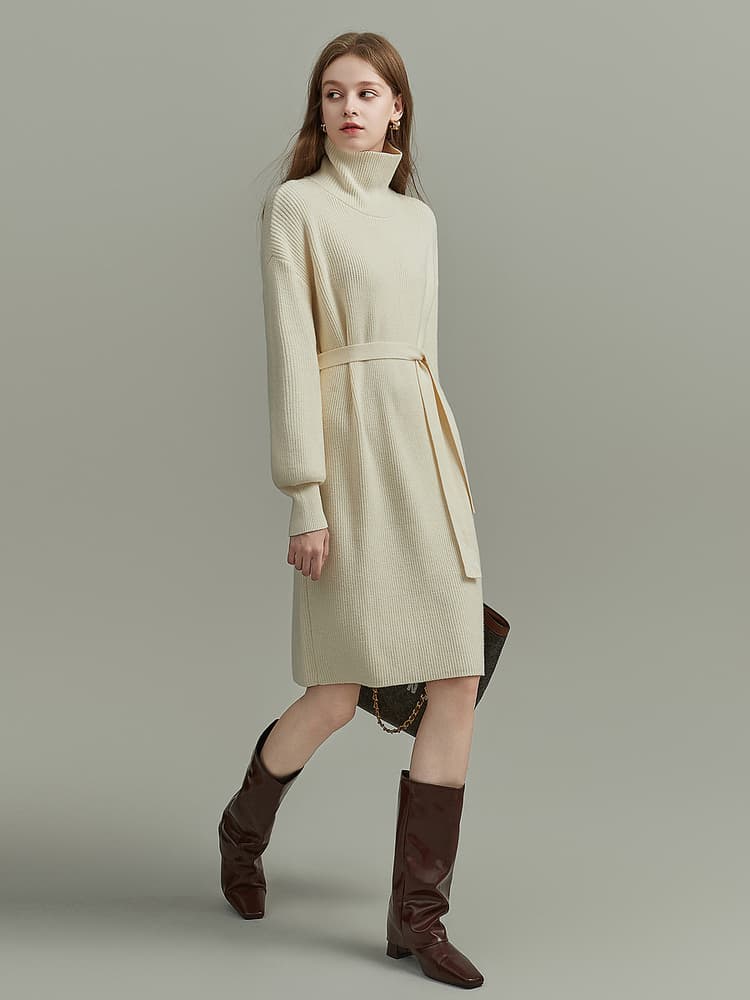 ワンピース タートルネック リブ編みベルト付きタートルネックワンピース