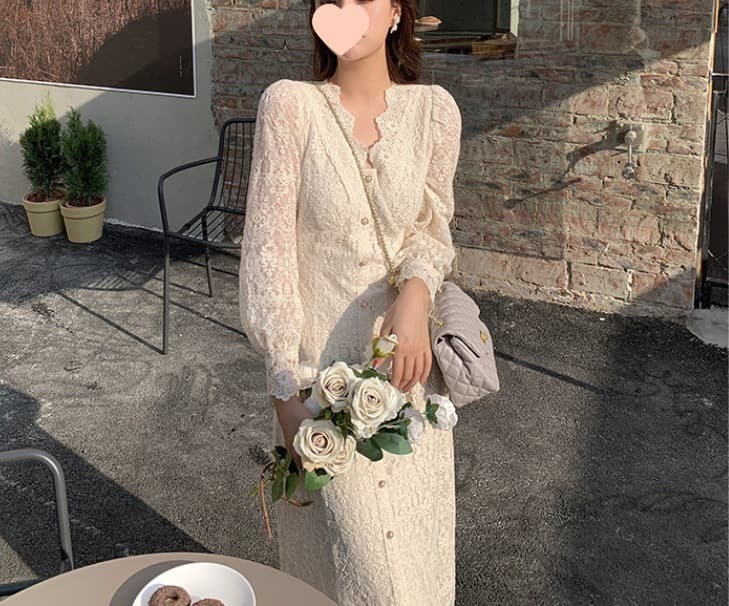 ロングワンピース 優美な花嫁風総レースワンピース