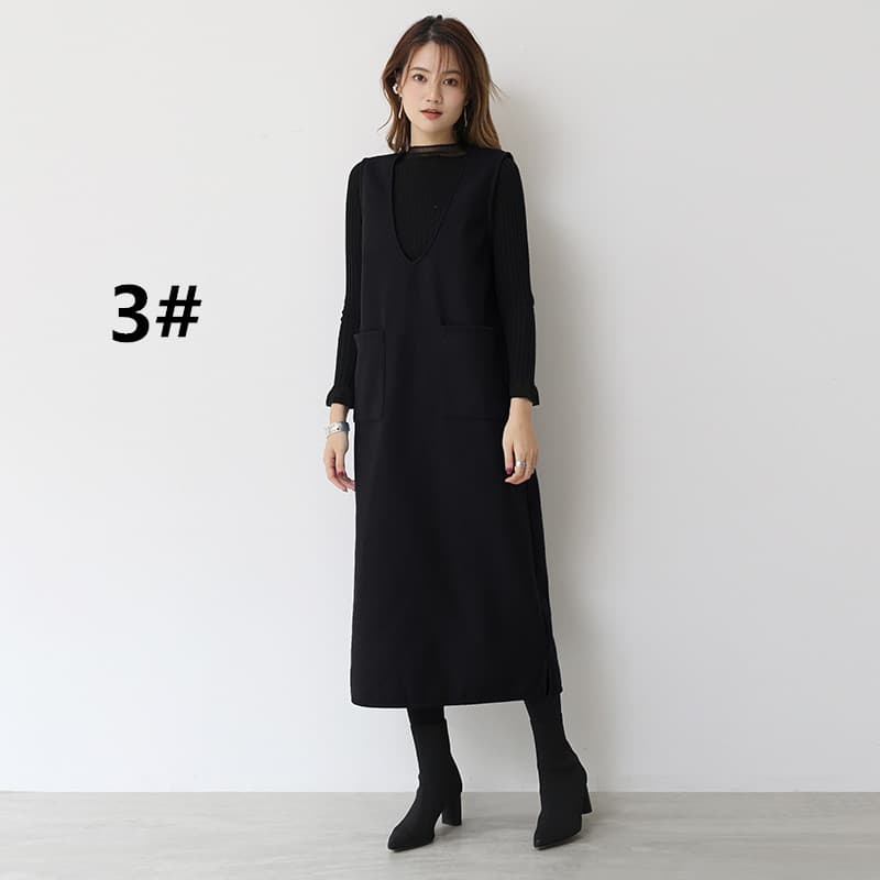 ロングワンピース 秋冬ノースリーブロング丈ワンピース ポケット付きジャンパースカート