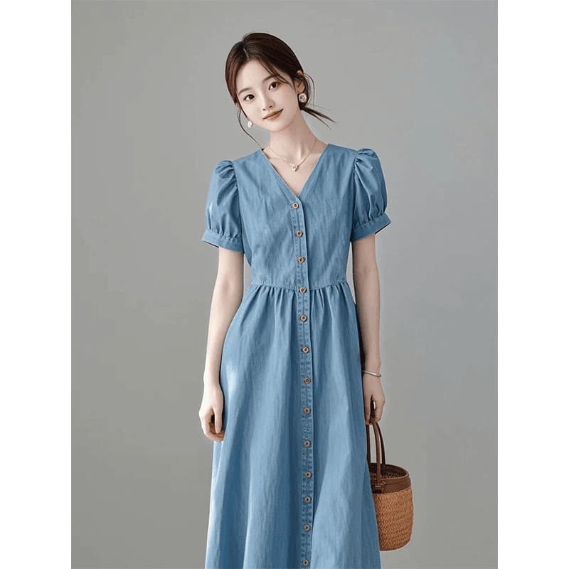 ロングワンピース デニム パフスリーブフロントボタンロングワンピース