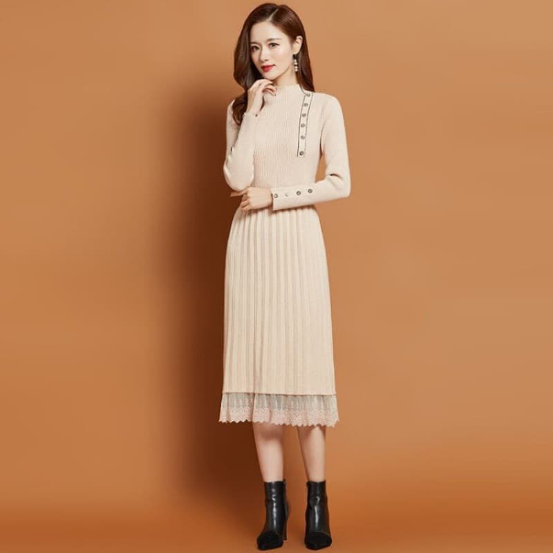 ロングワンピース レース裾飾り プリーツニットワンピース