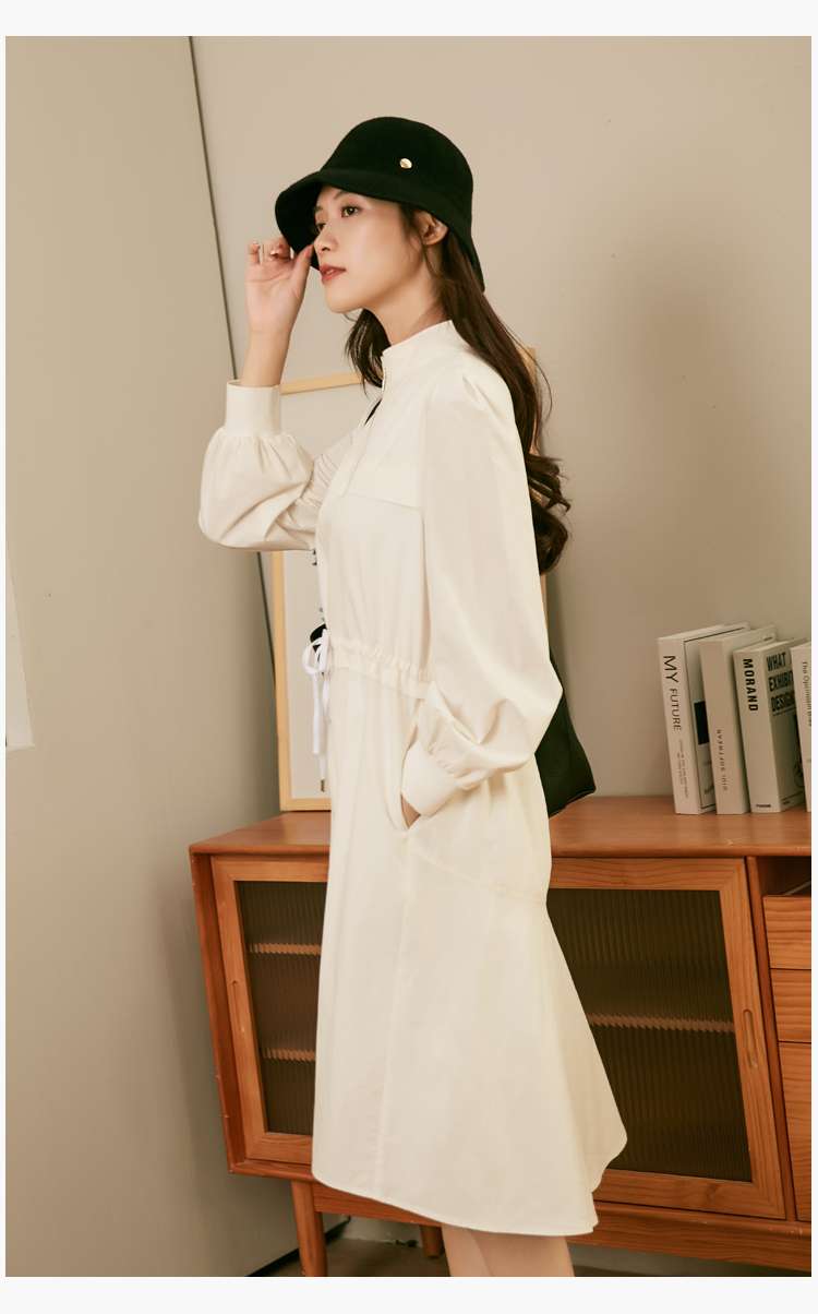 ロングワンピース 優美なギャザースリーブ シャツワンピース