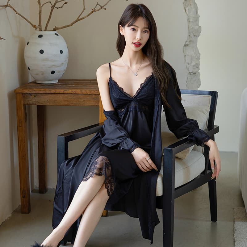 ロングワンピース レース 優美なレース調ロングネグリジェセット