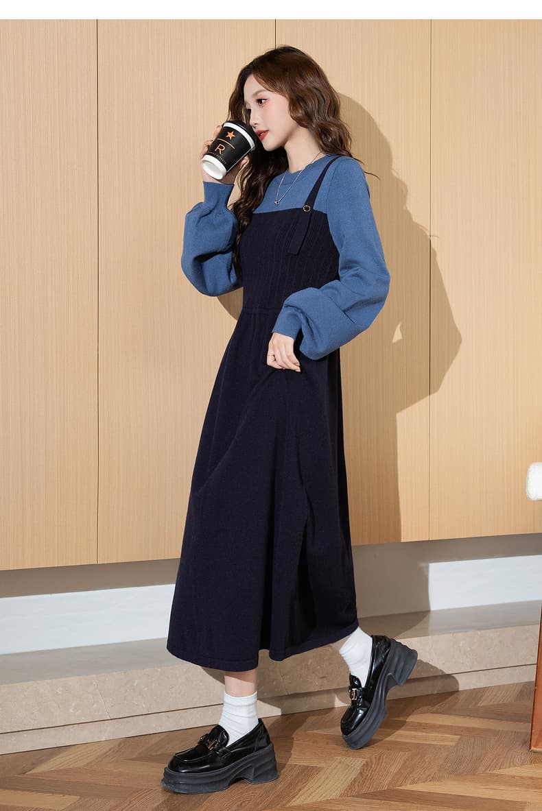 ロングワンピース ニット ゆったりニットワンピース重ね着風キャミワンピース