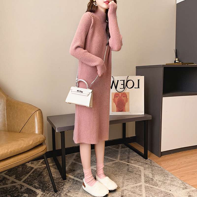ロングワンピース モコモコリブ編みハイネックワンピース