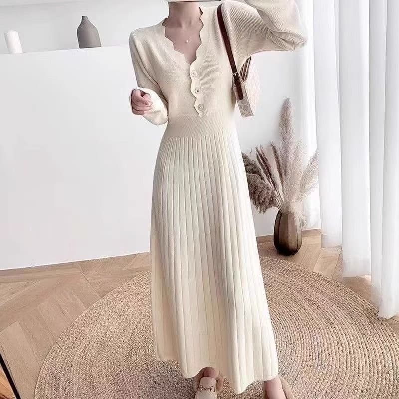 ロングワンピース ぬくもり感じる プリーツニットワンピース