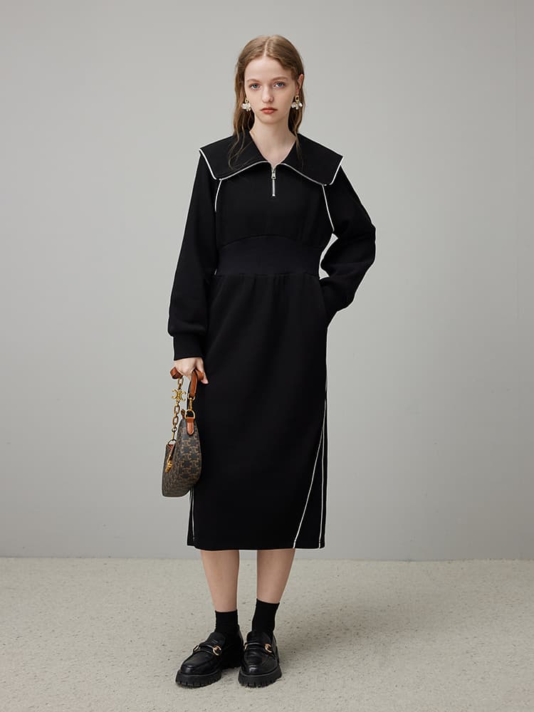 ロングワンピース スウェット ハーフジップ セーラー風ロングワンピース