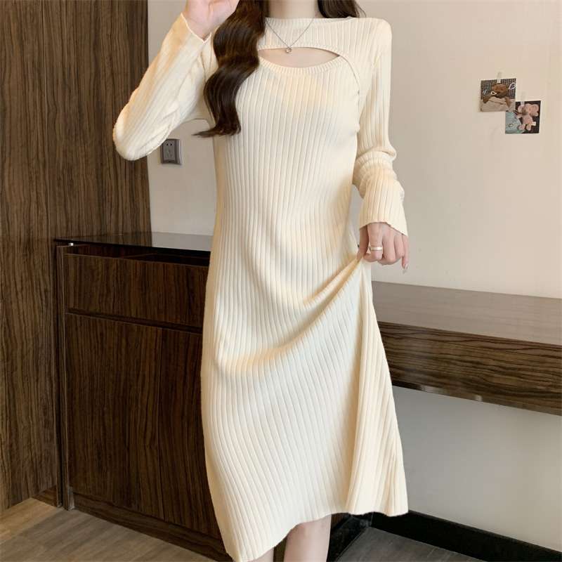 ロングワンピース 胸元カットデザイン リブニットワンピース