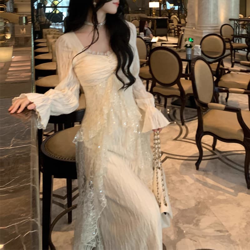 ロングワンピース お姫様レースフリルメイドロングワンピース