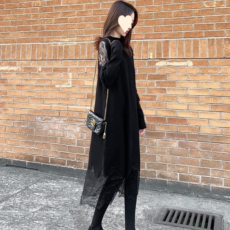 ロングワンピース レースデザインニットワンピース