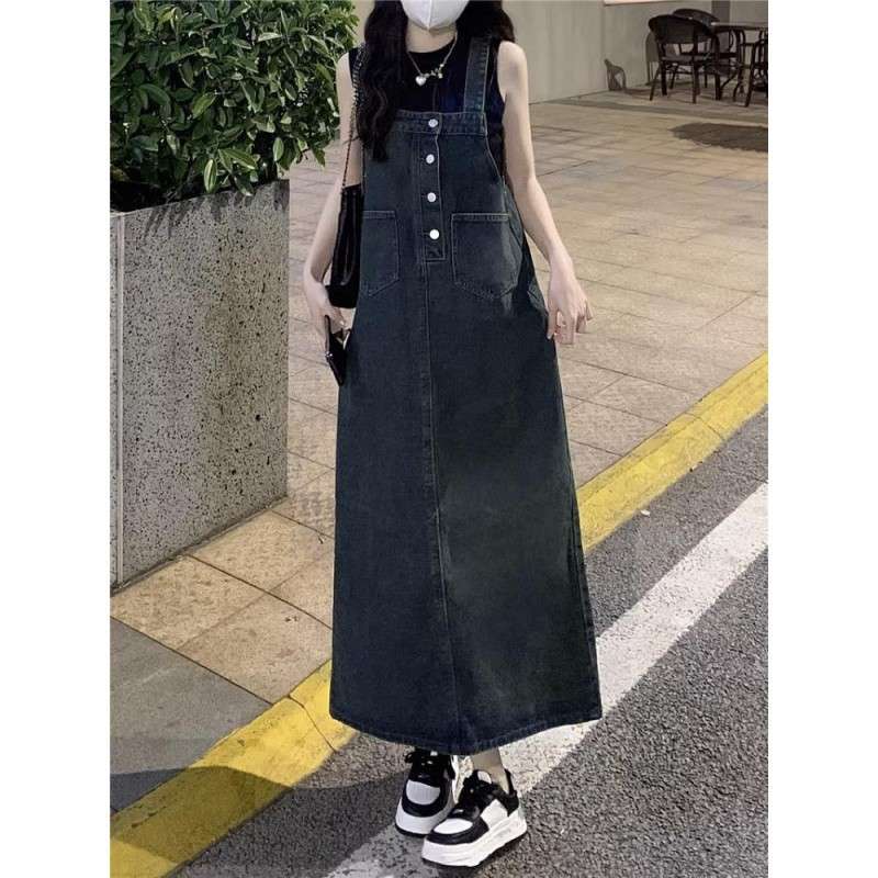 ロングワンピース ゆったりデニムサロペットワンピース
