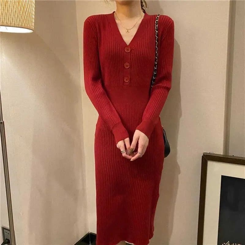 ロングワンピース リブ編み縦ライン上品ワンピース