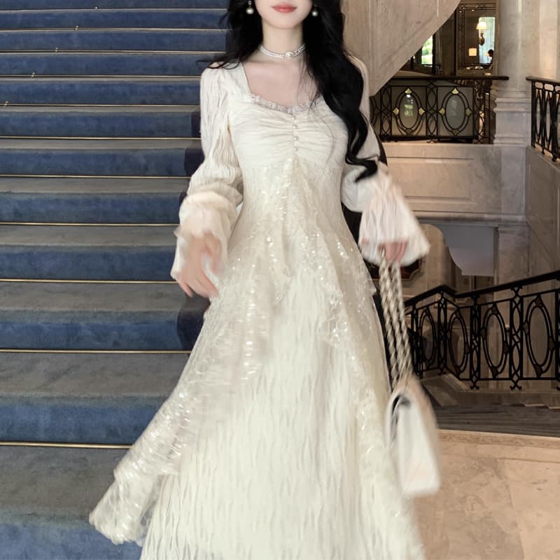 ロングワンピース お姫様レースフリルメイドロングワンピース
