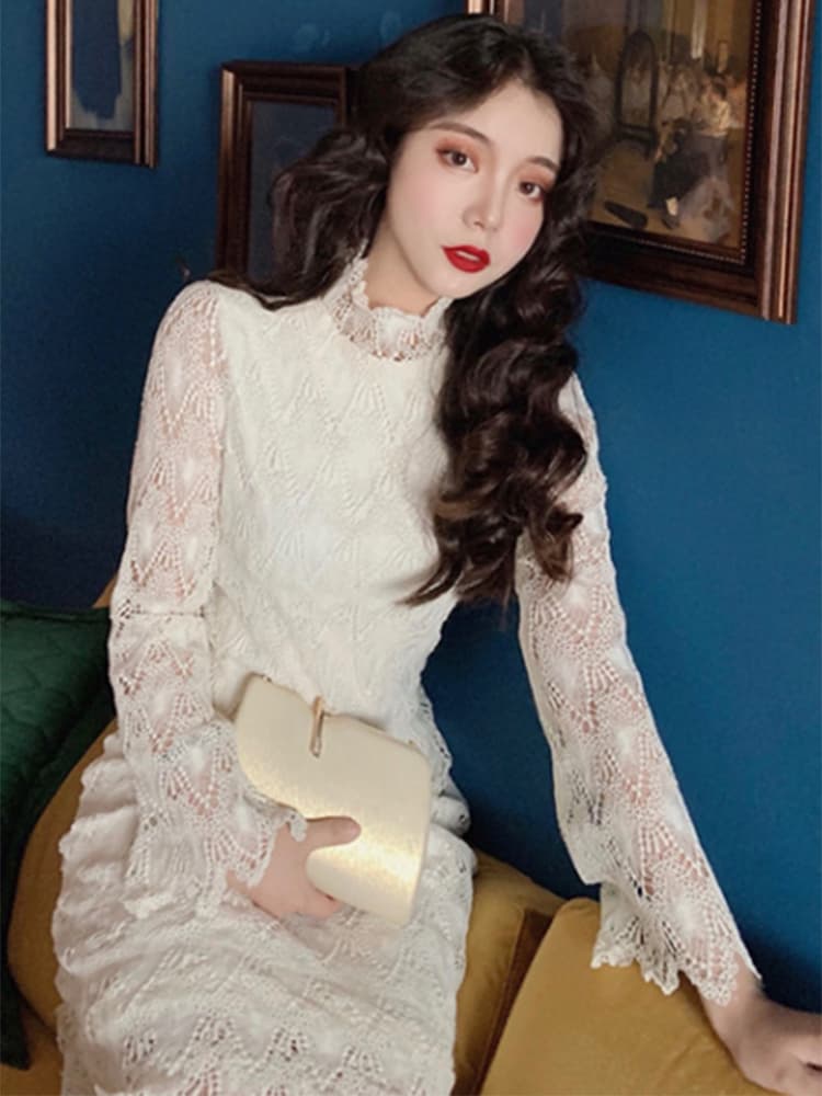 ロングワンピース タートルネック 総レース編みタートルネック上品ロングワンピース