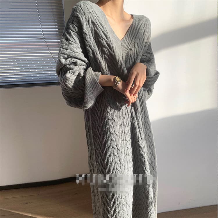 大きいサイズ ケーブル編み ニット ロングワンピース 秋冬 長袖