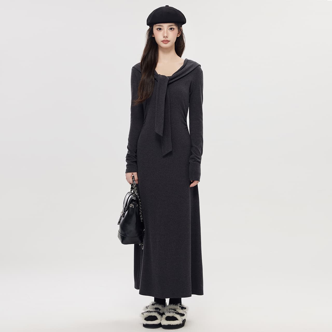 ロングワンピース シンプルドレープニットワンピース